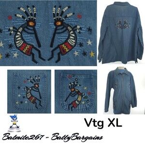 VTG Passion-I Womens XL Denim Jacket Kokopelli Embroidered 80s 90s Full Zip